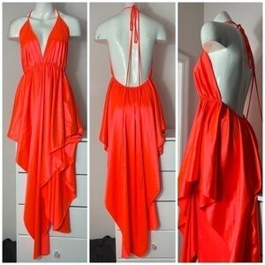 Day & Night Neon Orange Deep V-Neck Halter Asymmetrical Hi Low Dress Size Medium